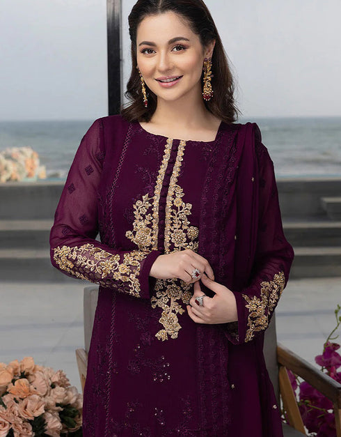 Designer Party Wear Georgette Salwar Suit Collection Purple Georgette Pant Straight Close-up View